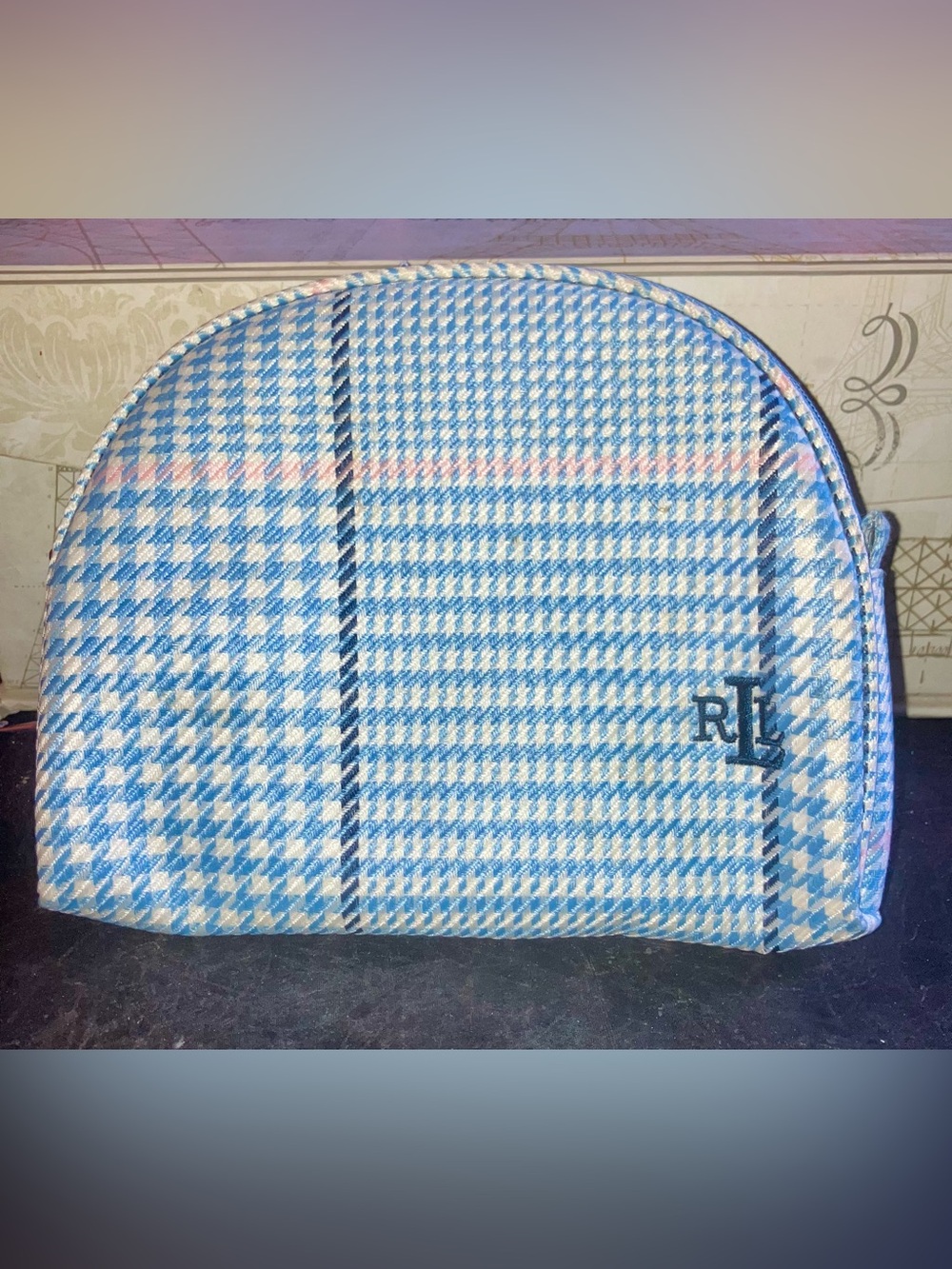 Ralph Lauren Blue & White Houndstooth Cosmetic Bag w/Pink Accents Rare Color HTF
